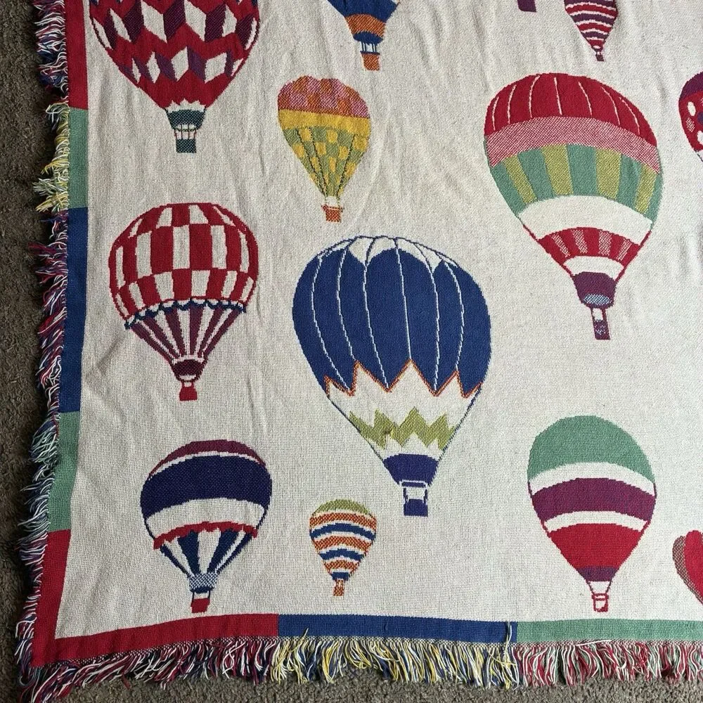 Hot Air Balloon Tapestry Cotton Blanket Throw w/Fringe 70”x46” Two Sided 1970s